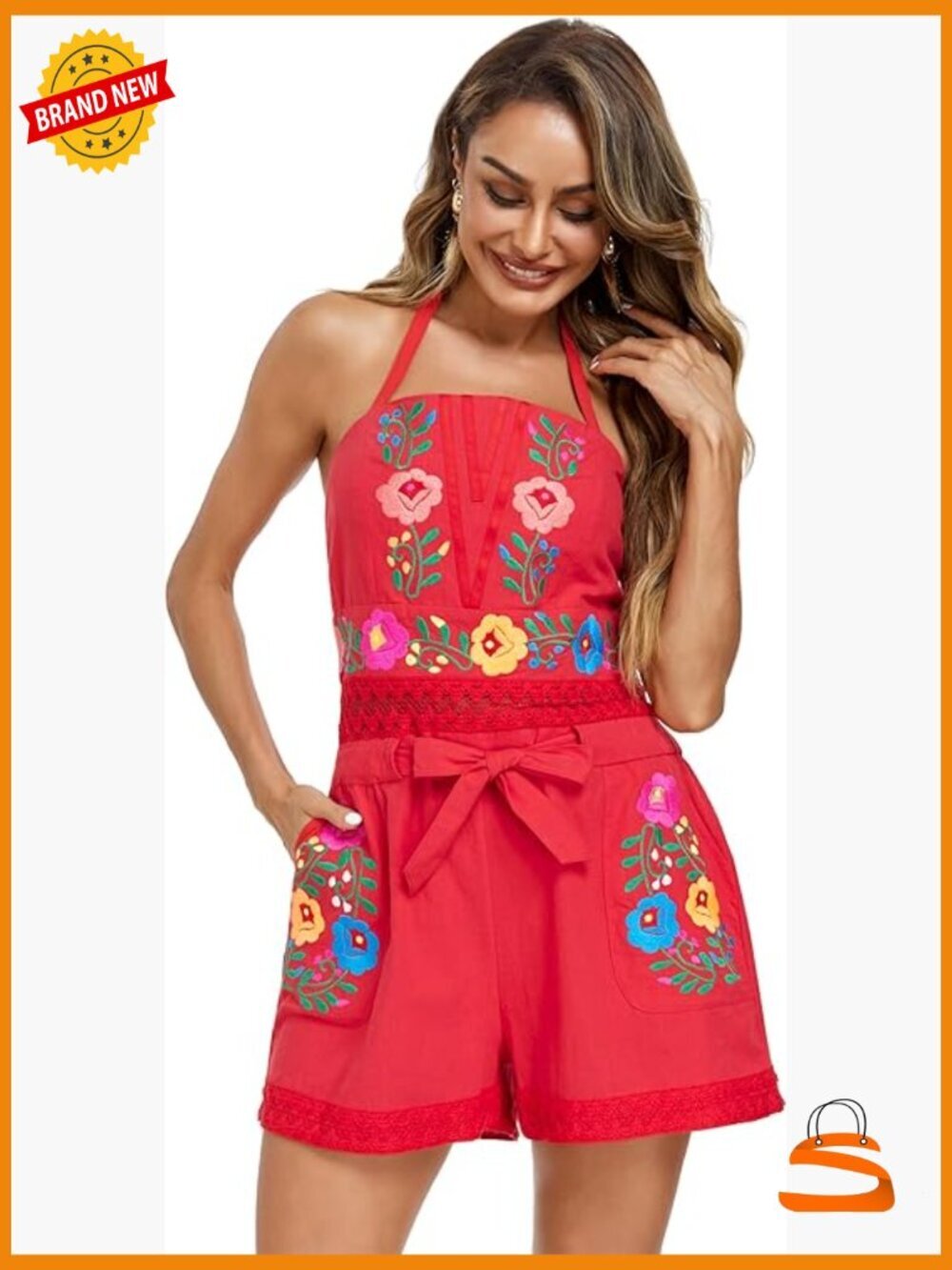 Large Cotton Halter Romper Floral Embroidery Loose Fit Summer Jumpsuit